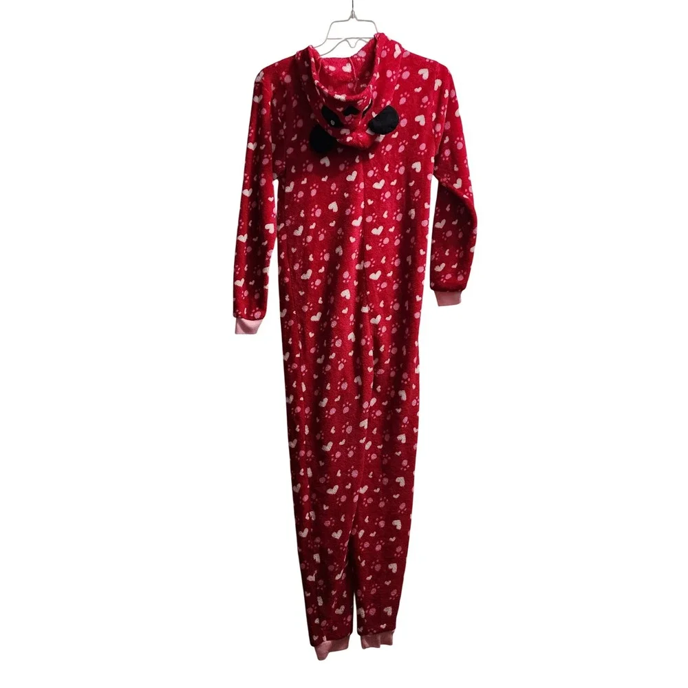 Chili Peppers Girls Red Heart Paw Print Hooded‎ Fleece Pajama Jumpsuit Size 12